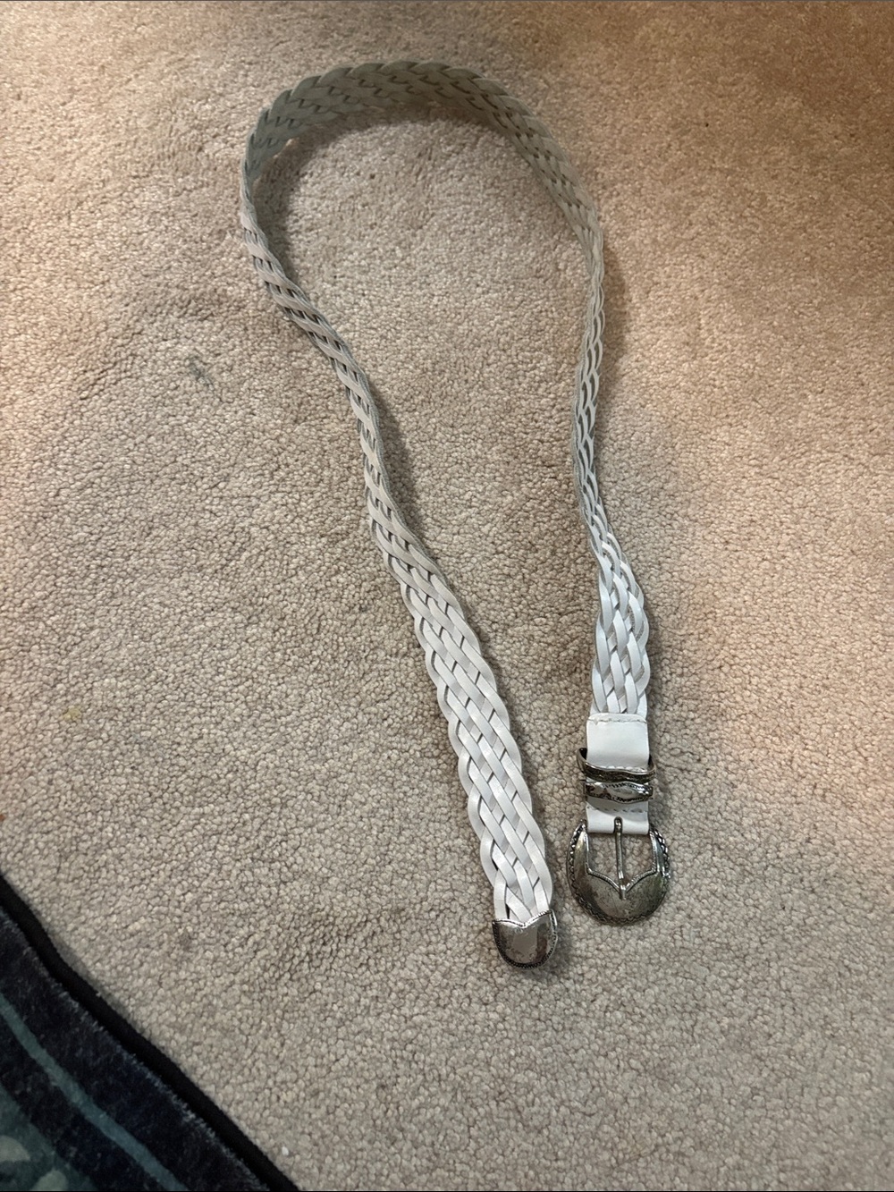 Vintage White Braided Leather Belt with Silver Buckle